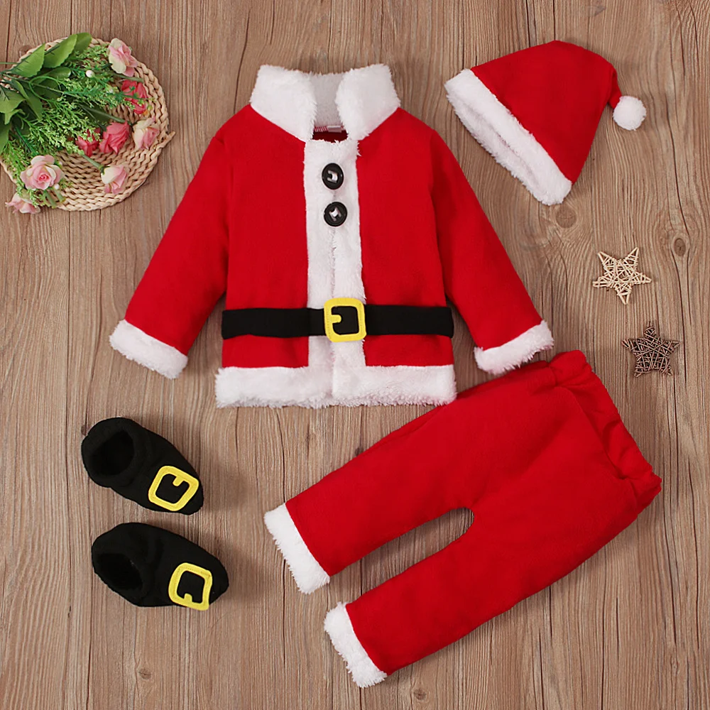 Boys and Girls 'Anime Christmas Party Outfit, 4 peças Conjunto completo, velo Santa Cosplay Coat, calças, chapéu, estoques, roupas de férias, criança