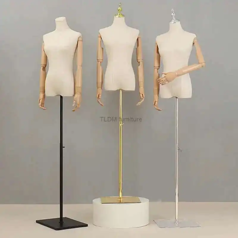 

Wooden Arm Cloth Cover Female Head Half Mannequins Metal Base Wedding Clothing Display Stand Adjustable Clothing Store Mannequin