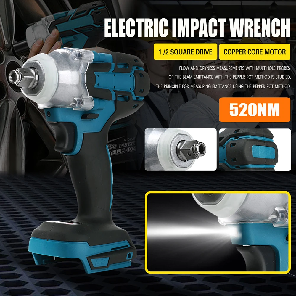 520NM Brushless Cordless Electric Impact Wrench 18V Rechargeable Impact Wrench 1/2 inch Power Tool Compatible for Makita Battery