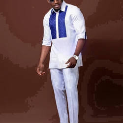 2 Piece Men's Suit Mid Sleeve Ethnic Style Print Patchwork Shirt and Casual Pants Set African Style Men's Traditional Clothing