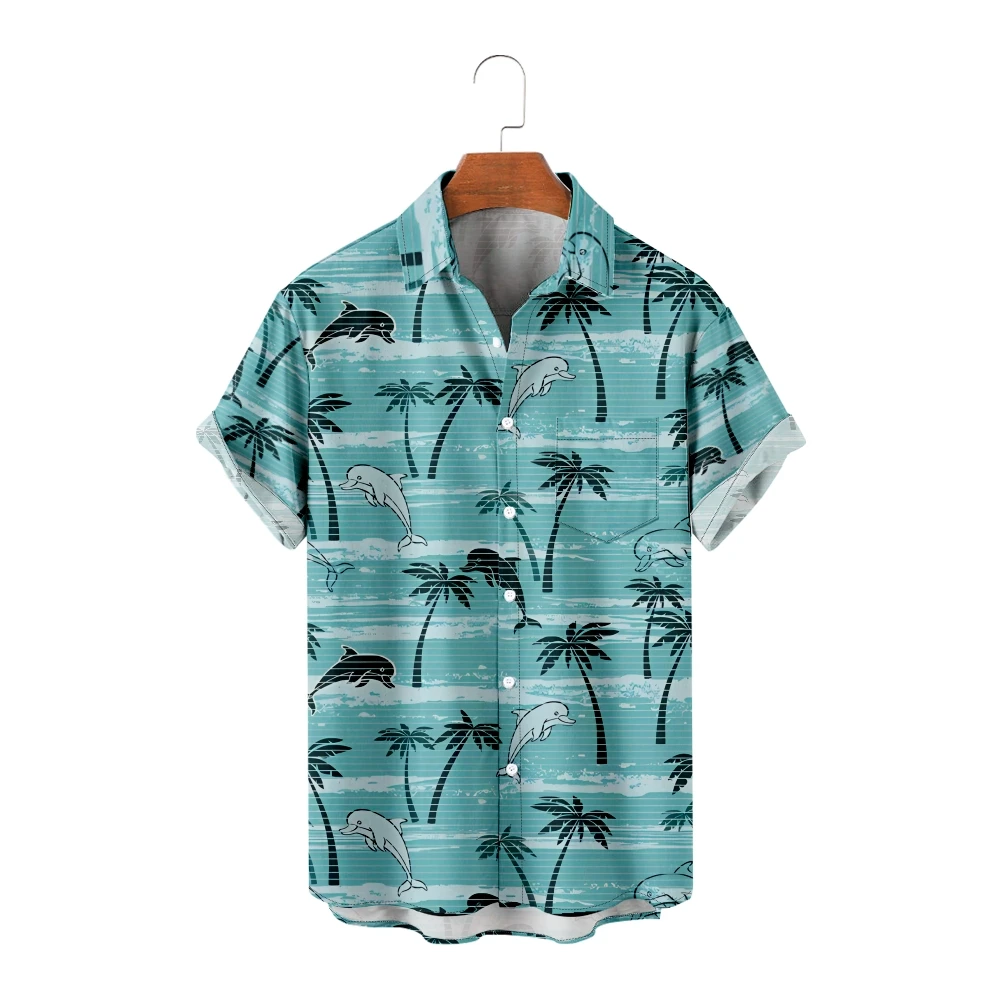 

Hawaiian Shirts for Men Dolphins Print Short Sleeve Green Shirts Cool Summer Tops Vintage Breathable