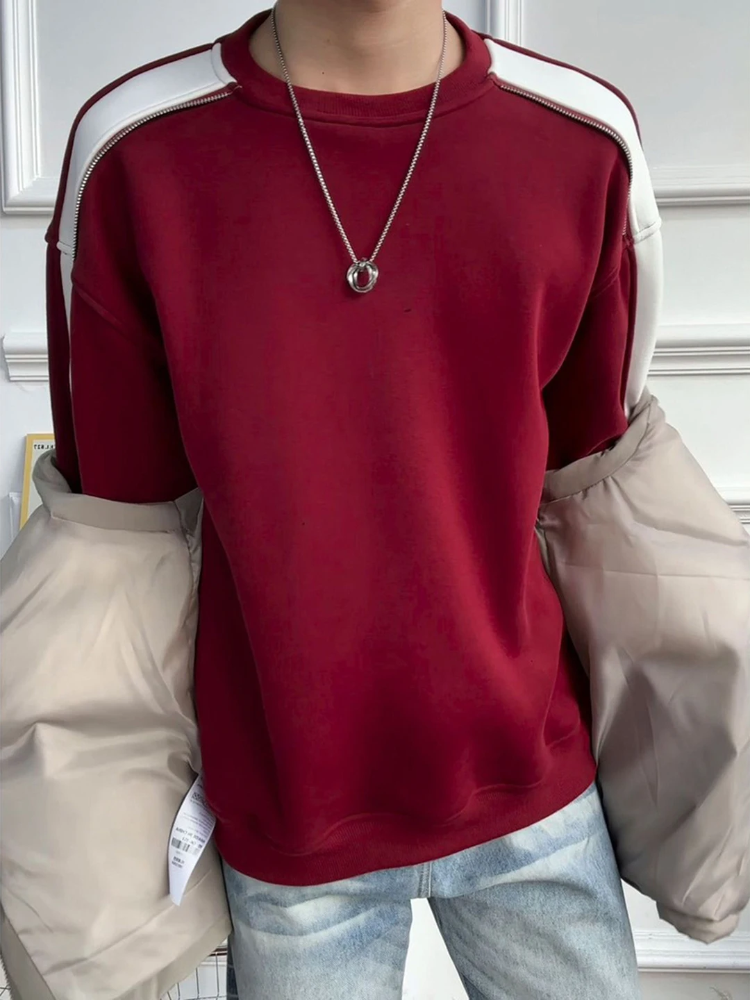 

Red American Deconstructed round Ne Fce Lined Long Sve Men's Sweatirt Winter Color Blo oulder T-irt Thermal S...