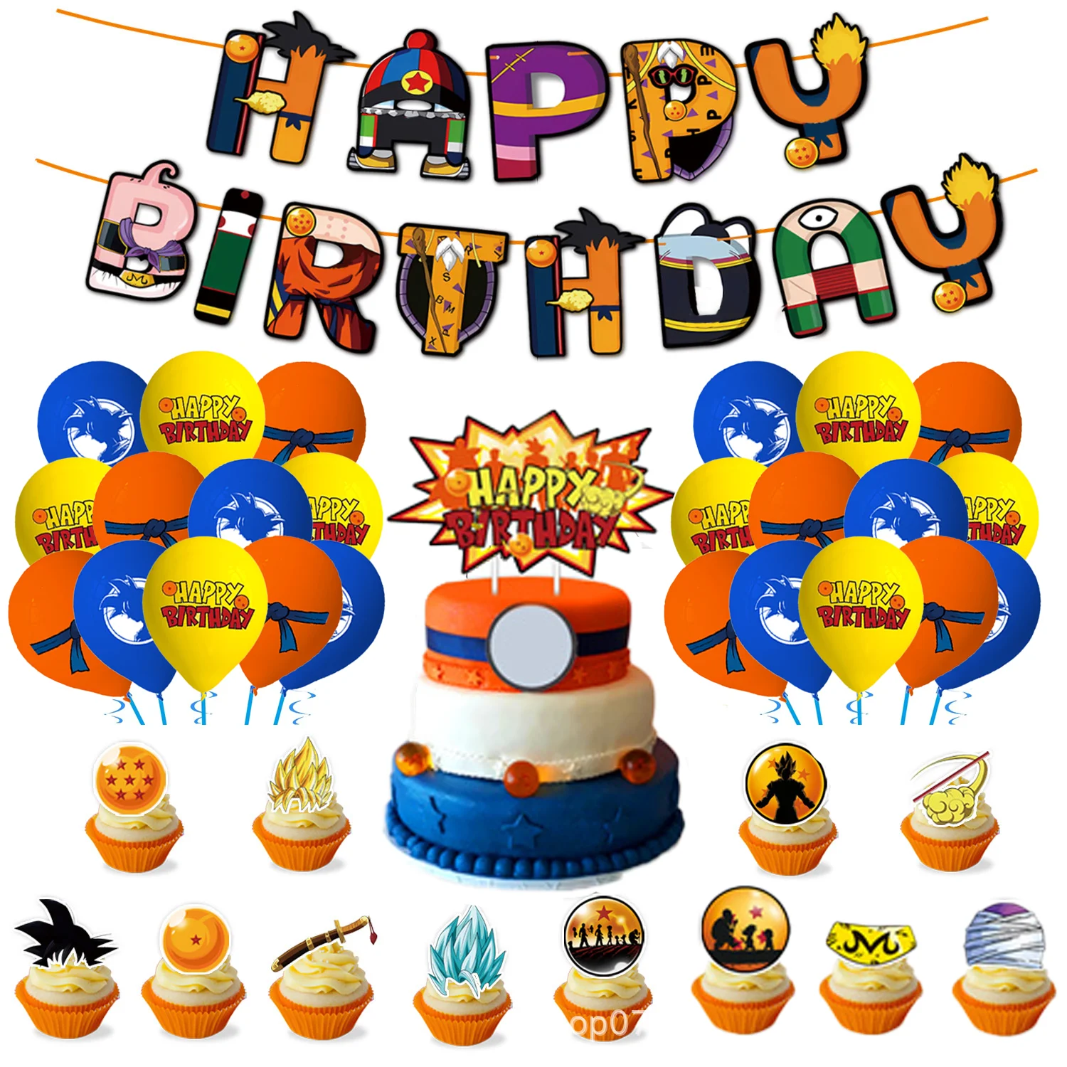 애니메이션 드래곤볼 생일 장식 일회용 식기 배너 케이크 토퍼 손오공 파티 풍선 세트 접시 생일 장식 장난감