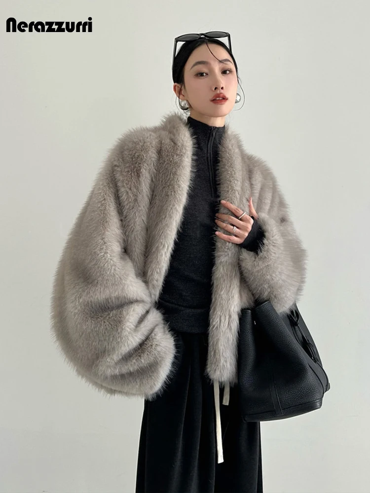 Nerazzurri Winter Loose Casual Hairy Soft Thick Warm Faux Sable Fur Coat Women V Neck Bat Sleeve Luxury Clothes Fluffy Jacket - view 2