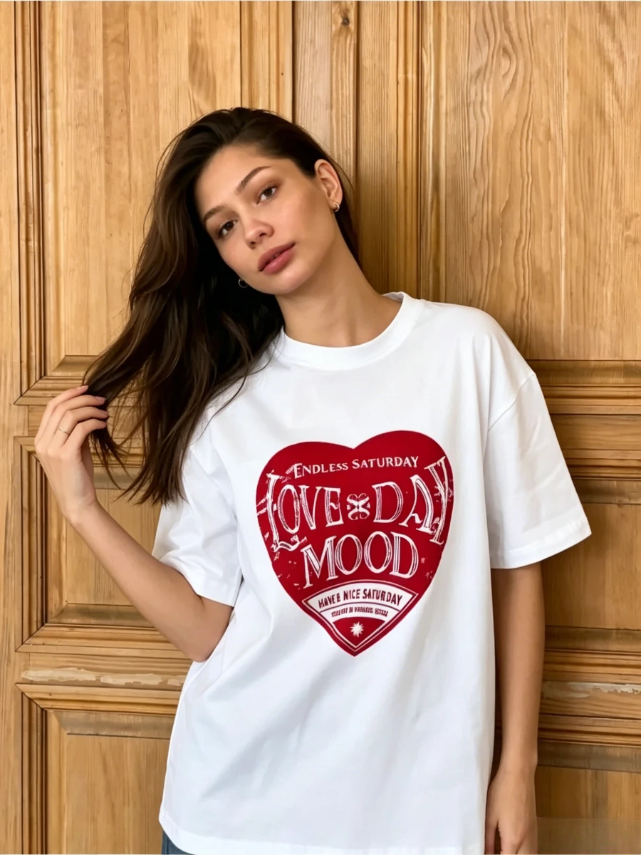 100% Cotton Women's Casual Loose Fit White Short Sleeve T-Shirt Summer New Unique Design Heart Letter Print Round Neck