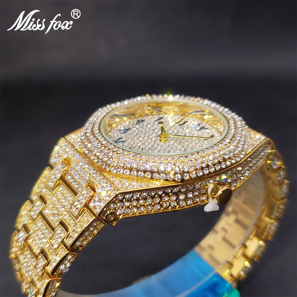 Male Luxury Watch Gold Octagon Diamond Quartz Men\'s Wristwatches Iced Out Calendar Waterproof Clock Look Expensive Dropshipping