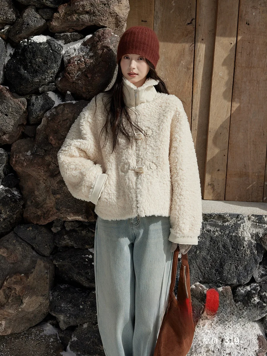 

Winter Fur And Leather Jaet Cute Small Size Buttoned Lamb Fur Tangerine Coat Commute Sle Loose Fit Long Sve Women's Ou...