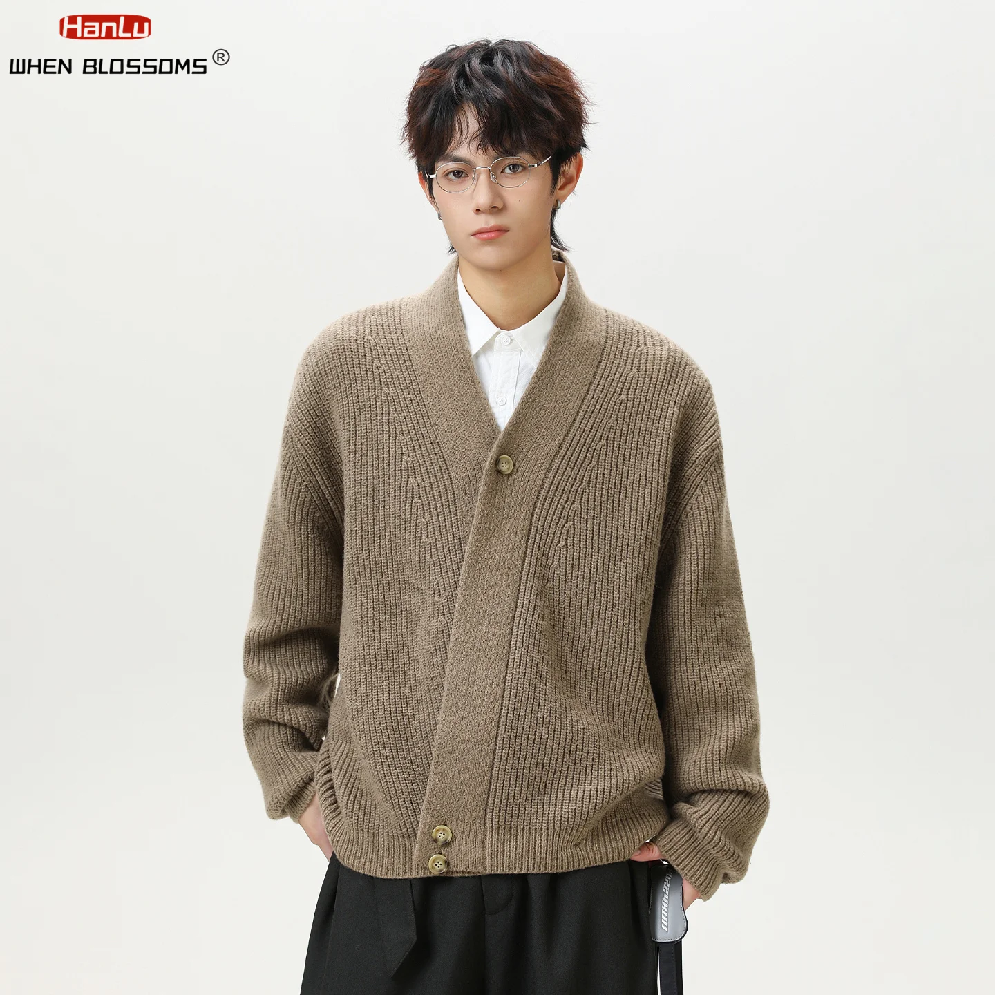 Hanlu 2025 الرجال ثوب الكيمونو الياباني سترة خمر المال القديم نمط الوزن الثقيل تريكو غير المتماثلة بلاكيت معطف فاخر #2