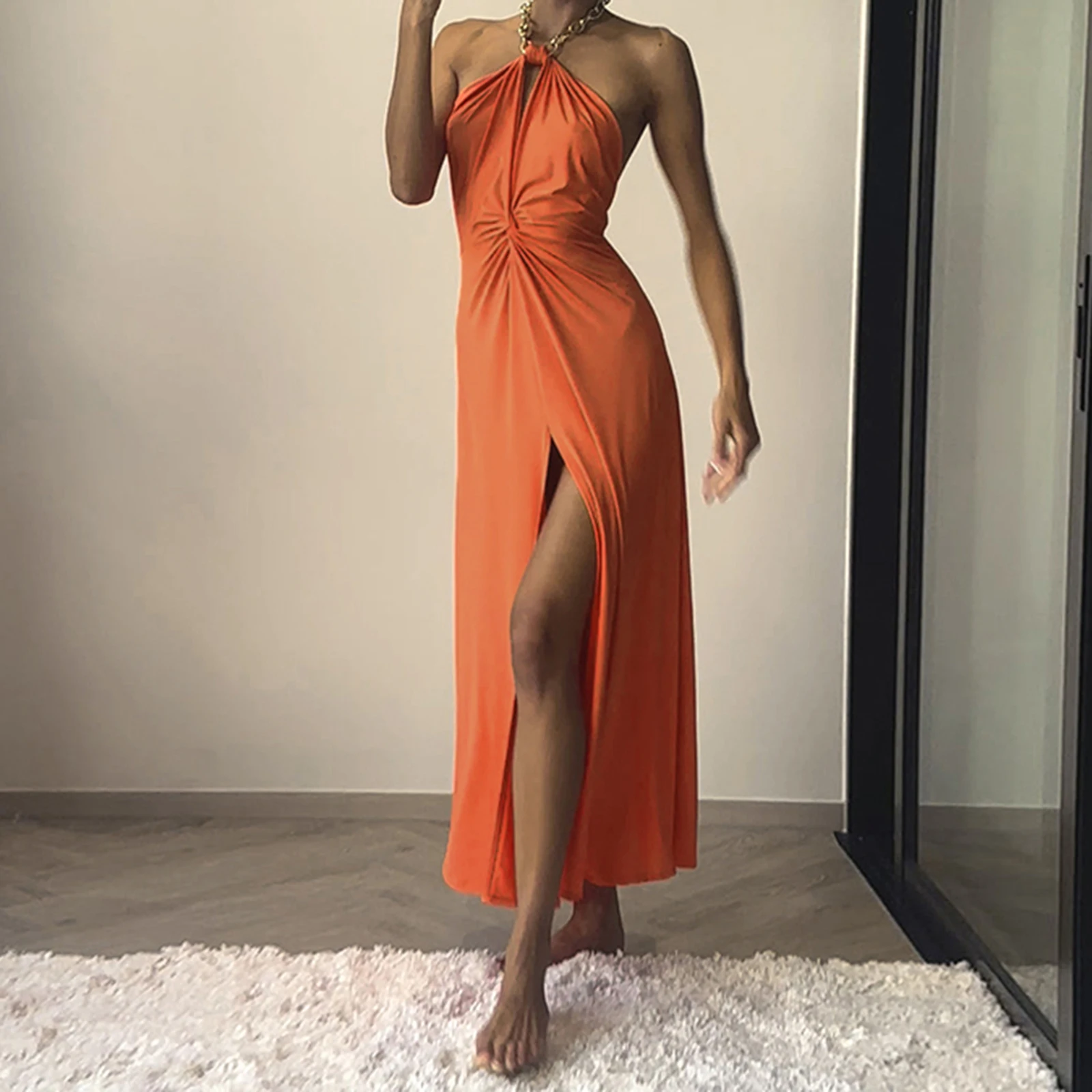 Women Summer Sleeveless Dress Casual Backless Chain Halter Neck Split Party Dress for Beach Club Streetwear