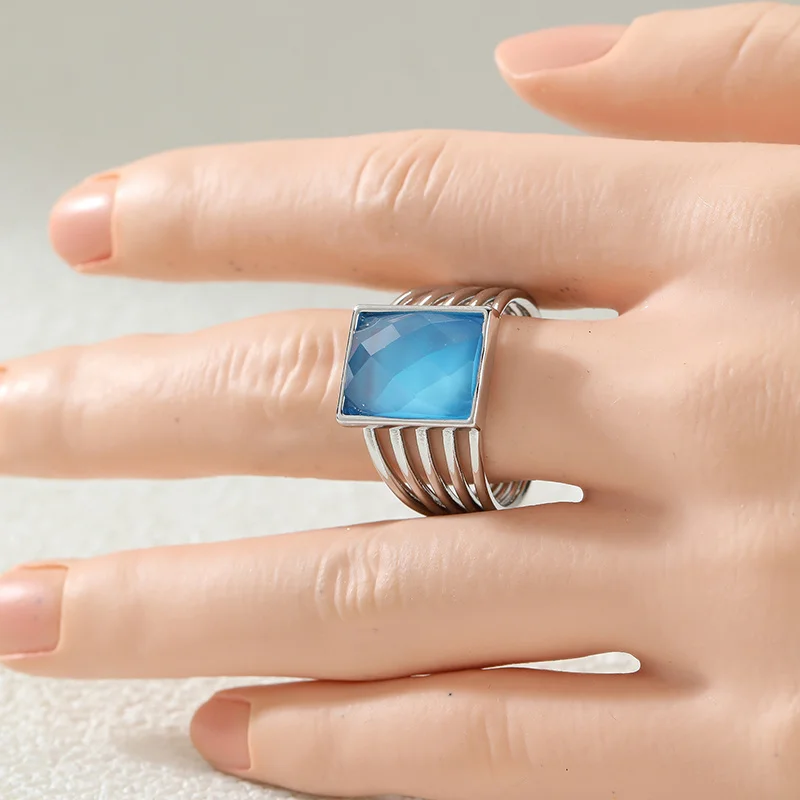 Fashion Square Blues Wide Face Ring For Women Multi Layer Hollow Ring Cool and Simple Atmosphere Daily Commute Party Jewelry