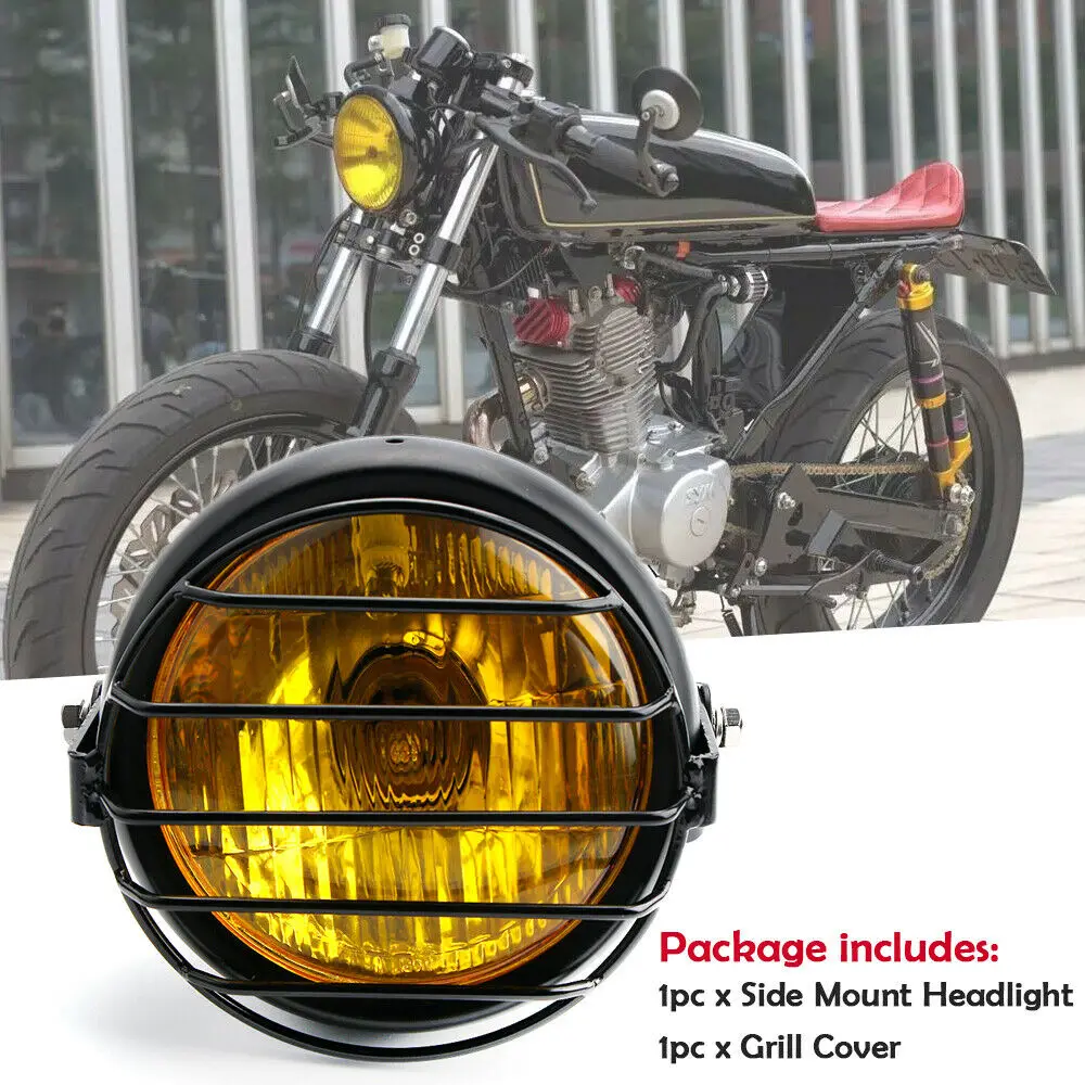 Retro Vintage Motorcycle Universal Side Mount 35W 6.5 Inch Amber Headlight Cafe Racer with Grille