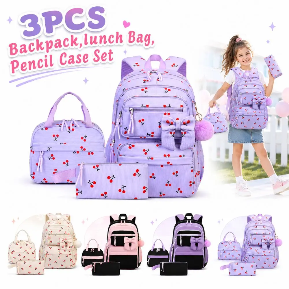 3PCS Cartoon Backpack,lunch Bag,Pencil Case Set Corduroy Material 4Colors Bow-knot Schoolbag Set Lightweight Large Capacity