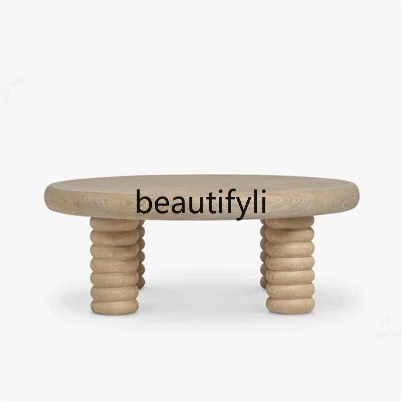 

French retro solid wood round coffee table living room household side table simple solid wood tea tableAsmt52