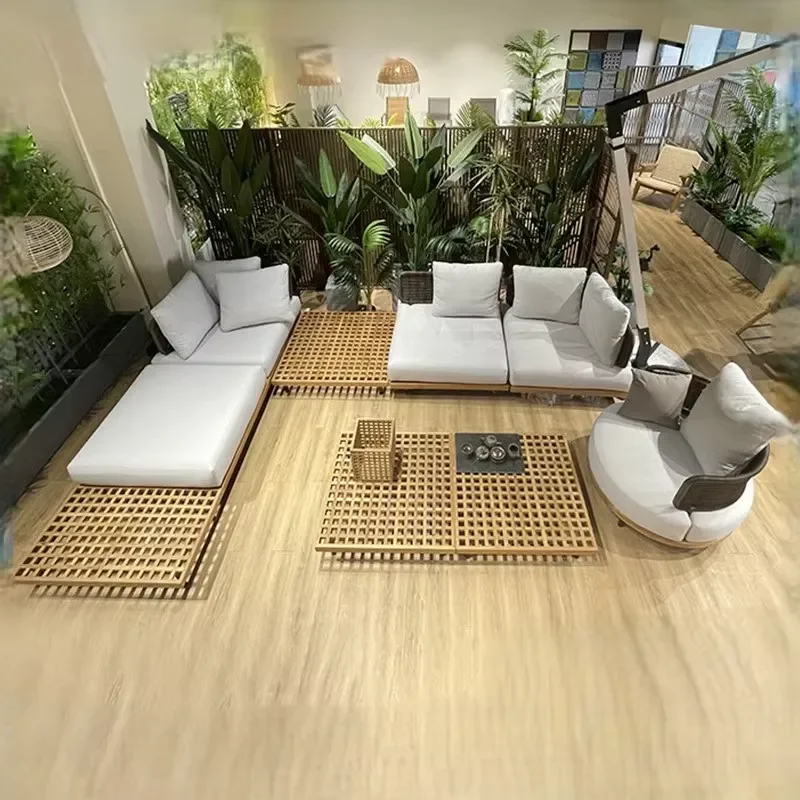 Nordic Outdoor Courtyard Sofa Set Rattan Teak Solid Wood Furniture Elegant Woven Rattan Sofa for Open Air Villa Outdoor