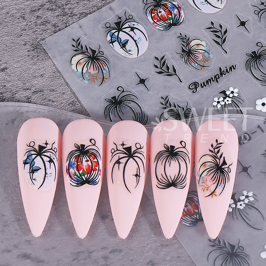 2 Stuks Cartoon Herfst Pompoen Nail Stickers 3D Esdoornblad Bloemblaadjes Lijm Nail Decals Sliders Diy Thanksgiving Day Manicure Decor