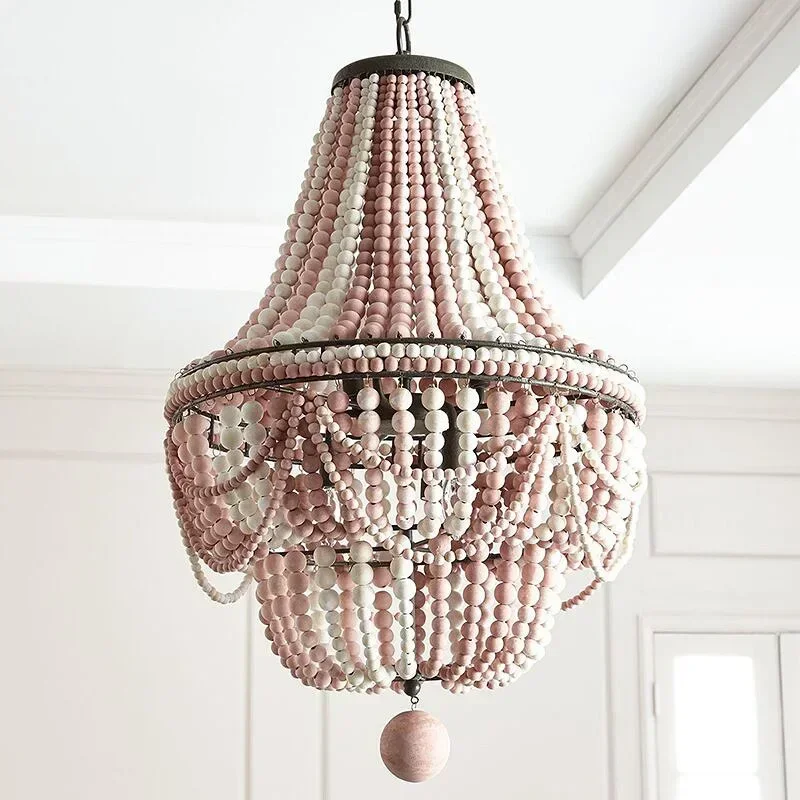 French Country white wood Bead Chandelier dining room bedroom princess Decorative chandelier anging light fixture