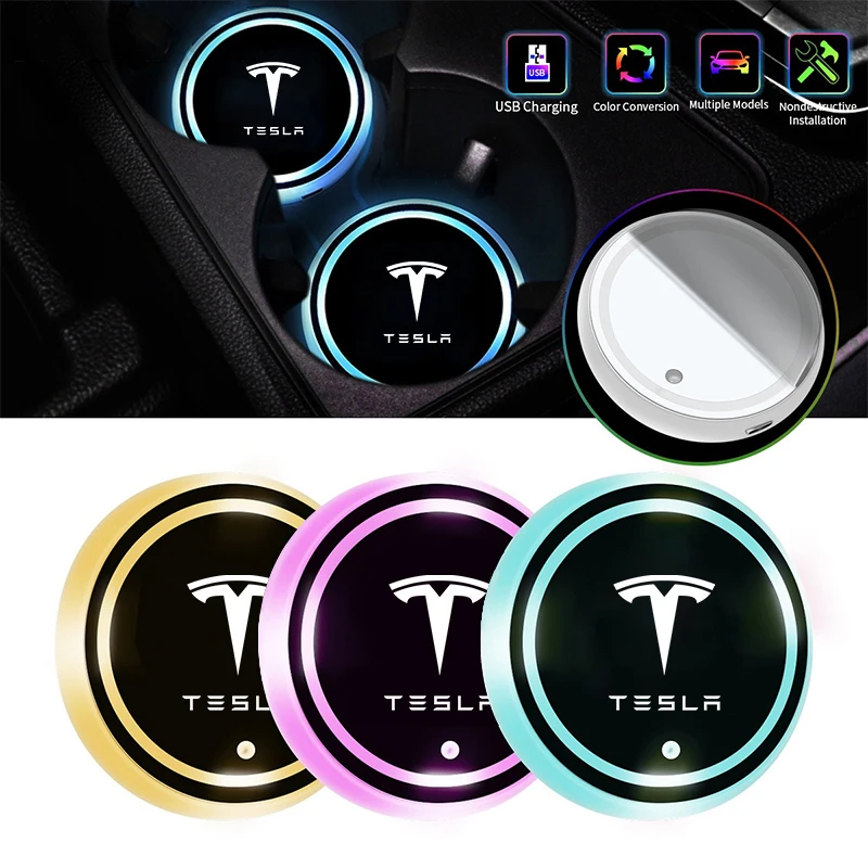 2pc 7 Colors Car Styling LED Luminous Water Cup Pad For Tesla Model 3 Model Y Model S Model X Roadster Cybertruck Juguete SpaceX