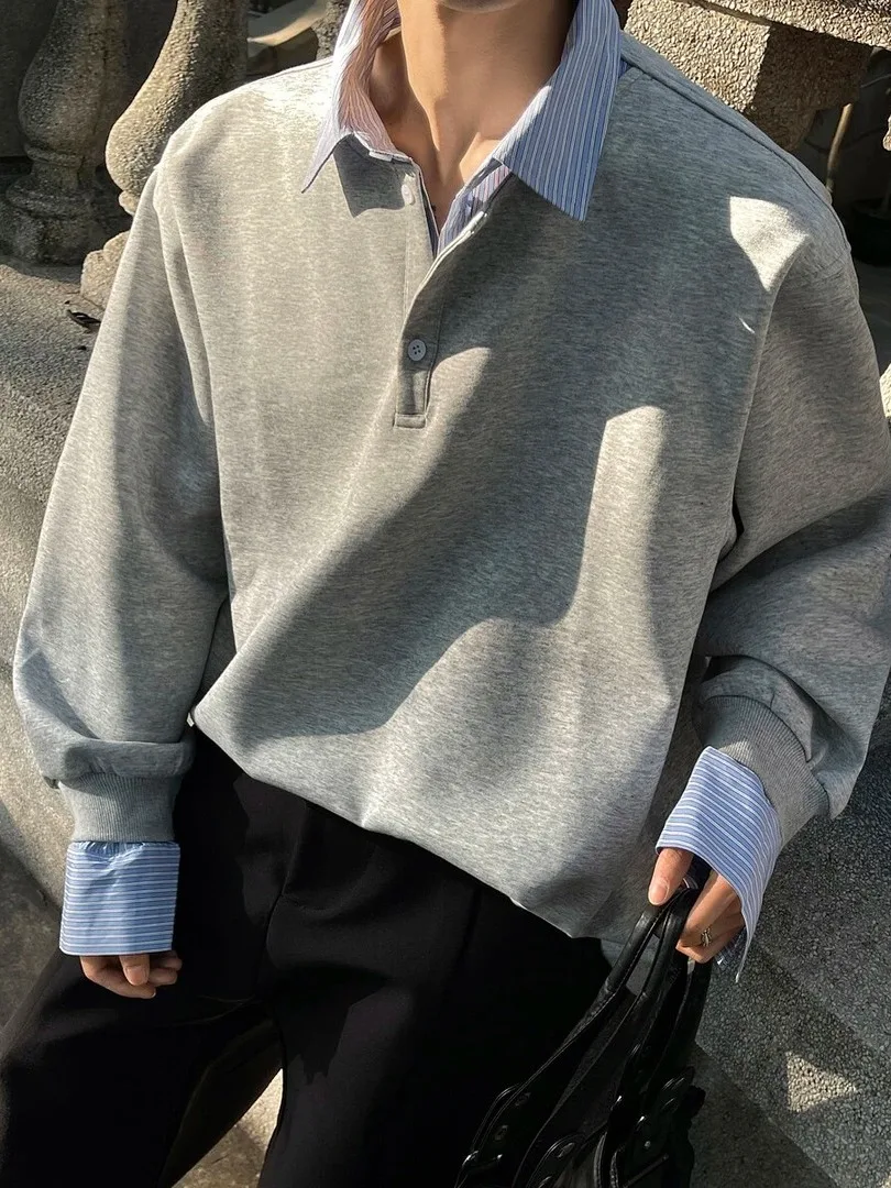 Casual American Style Long Sleeve Shirt Collar Sweatshirt Men's Spring Autumn Loose Fit T-Shirt Casual Upper Apparel