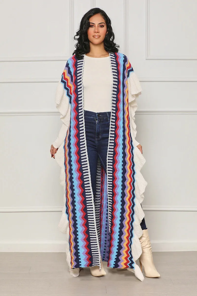 

Colorful Striped Ruffles Knitted Long Cardigans Women Fashion Bohemian Half Sleeve Open Stitch Side Split Sweater Shawl Coat