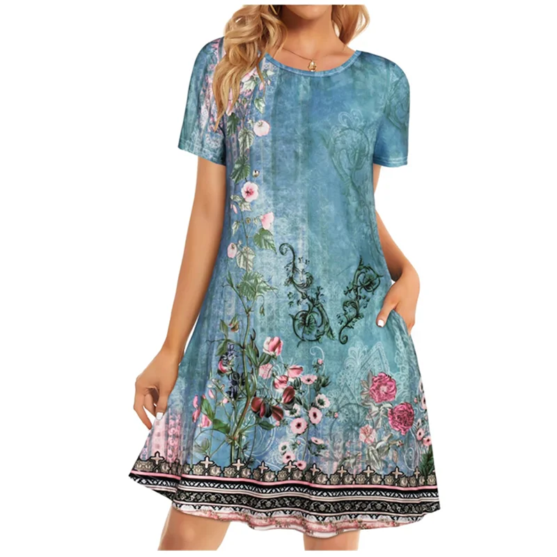 Boêmio vintage impresso vestido de verão senhoras solto camiseta vestido casual feminino praia manga curta em torno do pescoço bolso vestido curto