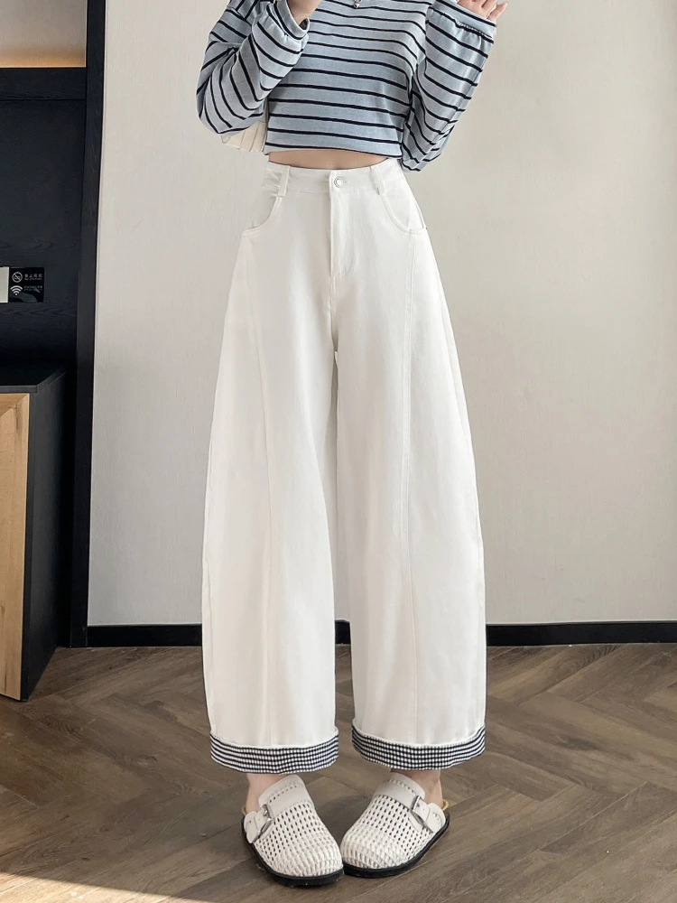Checkered edge design curved knife wide leg pants women summer thin style 2026 new loose casual versatile nine cropped pants