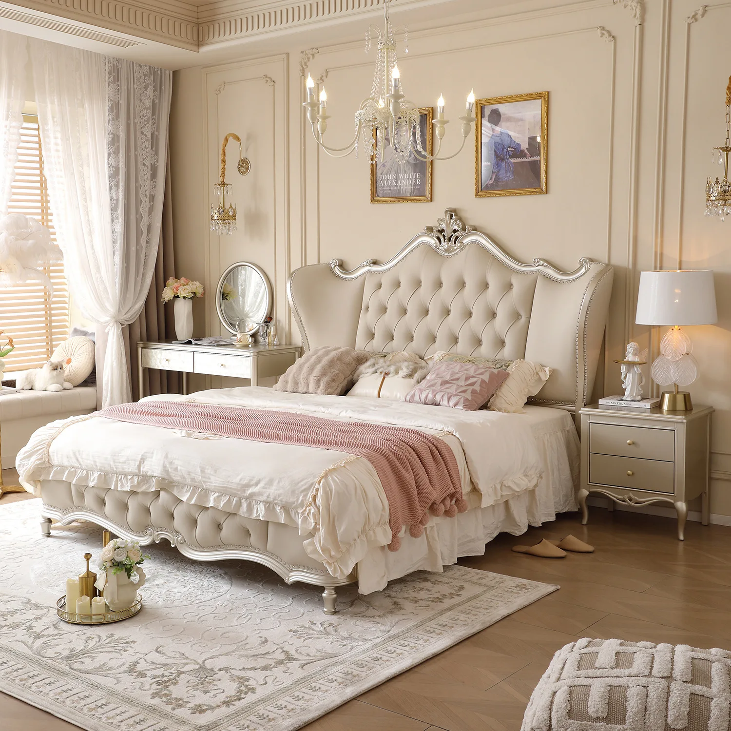 Customizable American solid wood  1.8 meters double  master bedroom modern simple European bed French princess bed