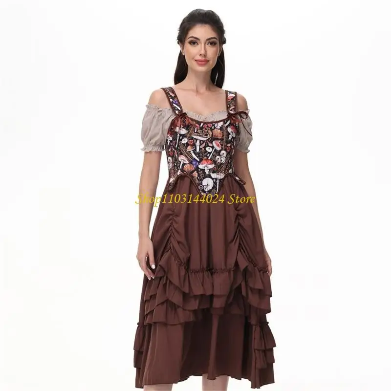 Victorian Adjustable Straps Corset Top for Women Body Shaper Overbust Bustier Vintage Mushroom Print Lace Up Bodice Vest