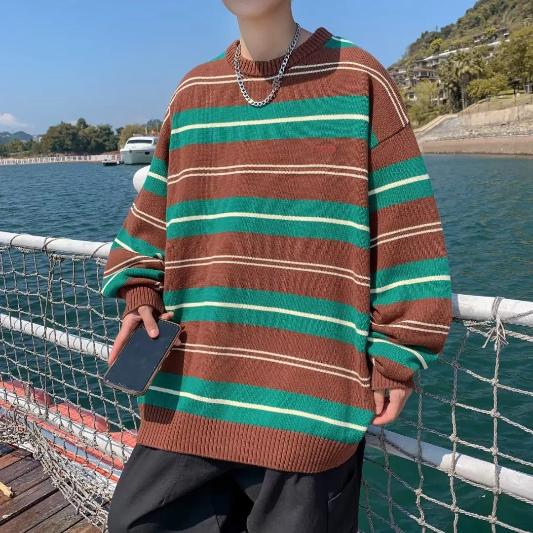 

Мужской вязаный свитер свободного кроя, осенне-зимний, больших размеров (до 250 фунтов), в японском стиле, винтажный, с красно-белыми полосками, без застежек