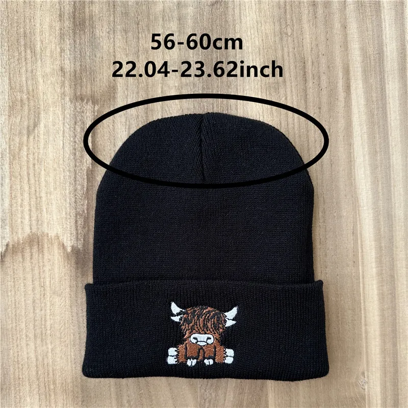 Unisex-Mütze mit Highland-Kuh-Stickerei, weiche warme Strickmütze für den Herbst und Winter – Detail 3