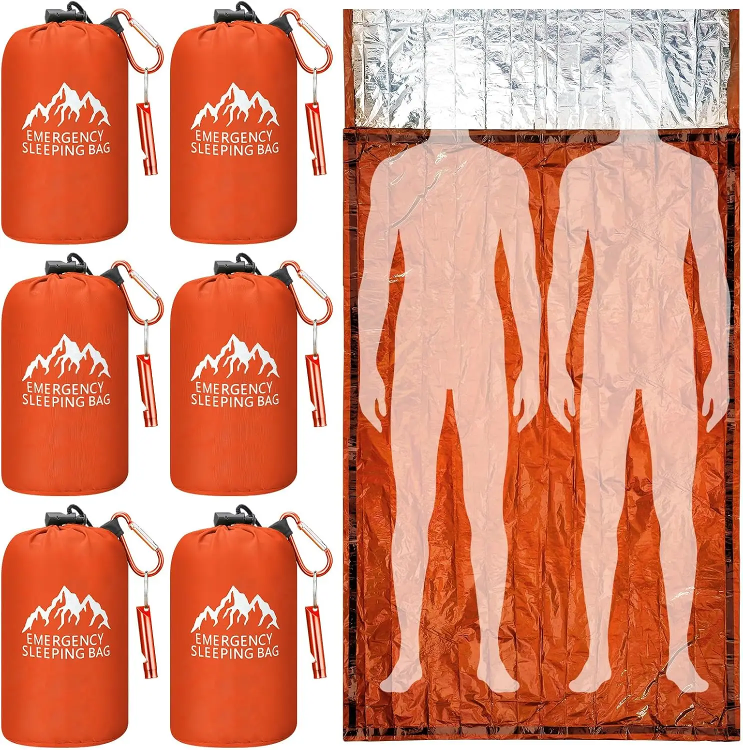 

Набор из 6 больших водонепроницаемых аварийных спальных мешков с фонариком и карабином, портативный термоспальный мешок для кемпинга, походов и выживания на природе