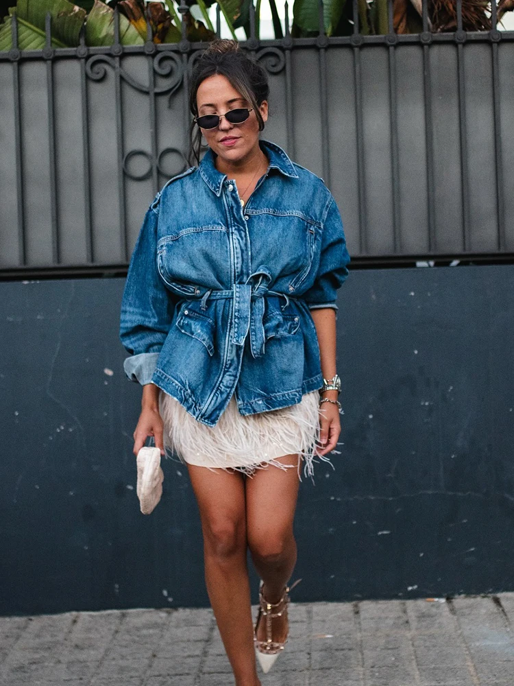 

HH Women Denim Pant Sets Turn-Down Collar Long Sleeves Belt Coats+Zipper Pockets Loose High Waist Hemming Autumn Trousers