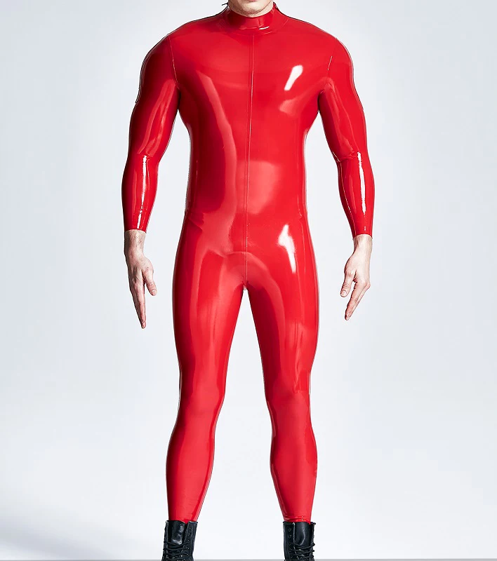 100% Latex Pure Rubber Catsuit Red Bodysuit Sport Jumpsuit Fitness Shoulder Zipper S-XXL