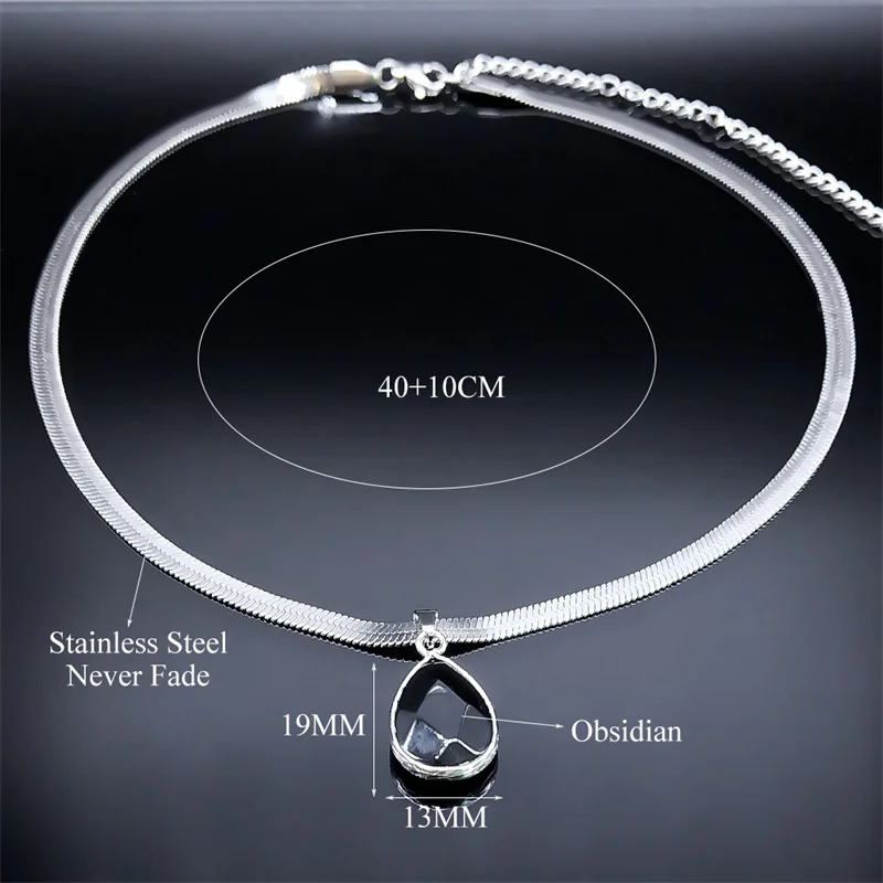 Gothic Water Drop Black Obsidian Necklace Women Stainless Steel Clavicle Snake Chain Choker Natural Stone Necklaces Kpop Jewelry