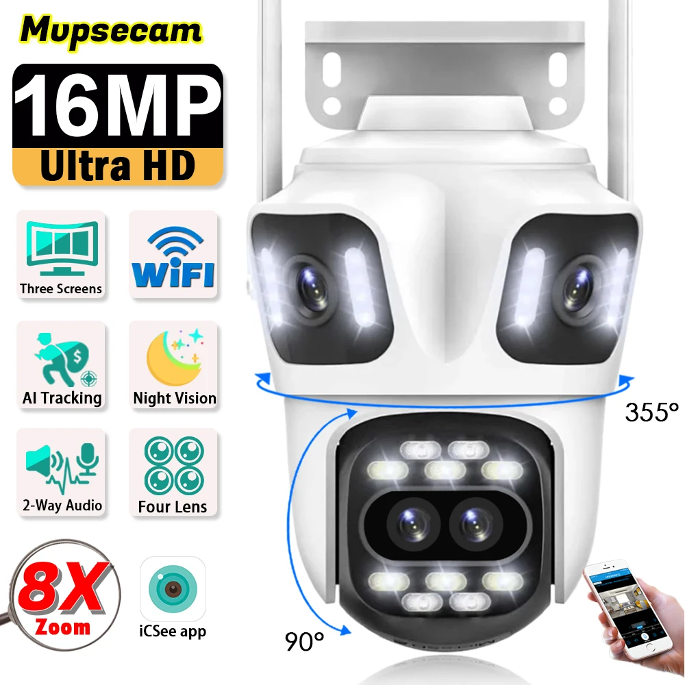 8K 16MP Video Surveillance Camera WiFi CCTV 8X Zoom Outdoor Wireless 360 Security IP Camera PTZ Four Lens Wi-Fi Cameras ICSee