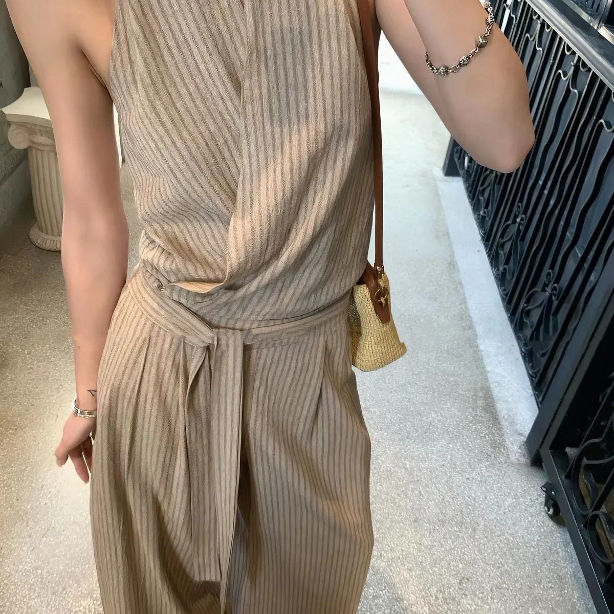 

Vertical Stripe Halter Backless Wrap Top & Wide Leg Pants 2Pcs Set Women Elegant Daily Vacation Co Ord Outfit