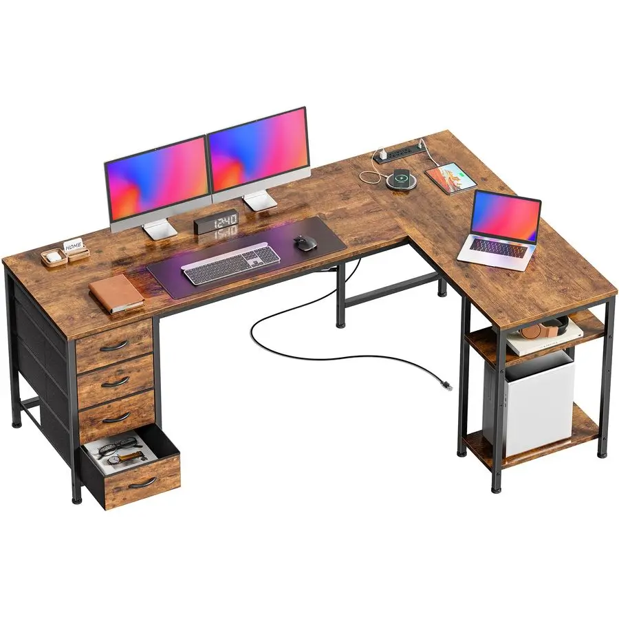 

63 Inch L Shaped Desk with Fabric Drawers, Computer Office Desk with Power Outlets and USBC Port, Corner Desk with Storage Shel