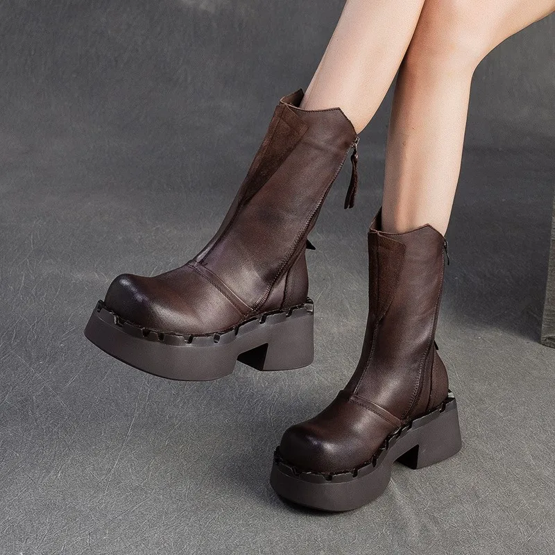 

GKTINOO 2025 Winter New Genuine Leather Mid-calf Boots Retro Commuter Side Zipper Thick Heel Thick Bottom Women's Boots