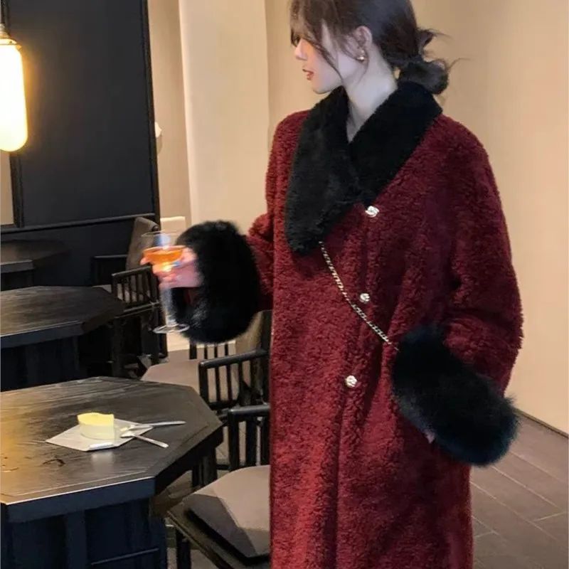 

Женская шуба из искусственного меха с капюшоном, зимняя длинная куртка на плюшевой подкладке с цветными блоками, пальто для холодной погоды