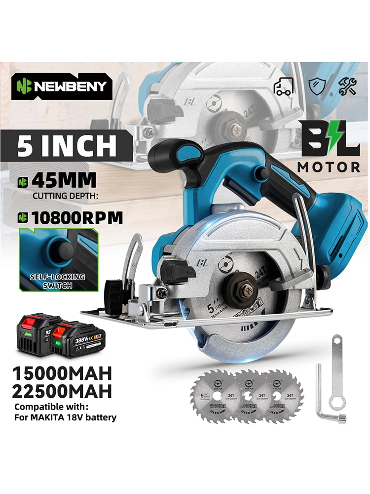 NEWBENY 5 Zoll 125MM Bürstenlose Kreissäge Kabellose Elektrische Säge Multifunktionales Holzschneide-Werkzeug für Makita 18-21V Akku