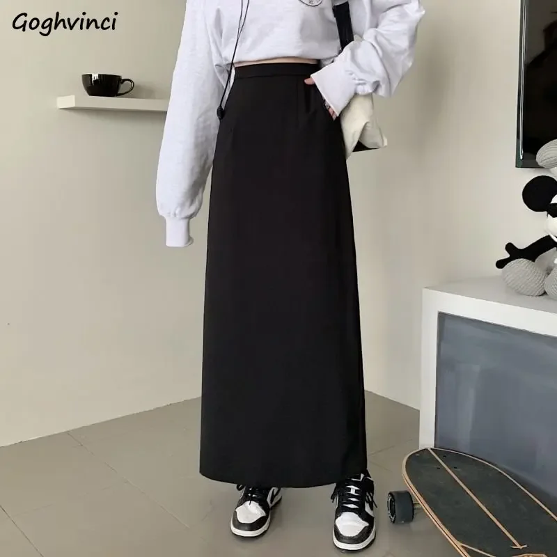 

Skirts Women Ankle-length A-line Spring Solid All-match Slit Chic Office Lady Temperament Fashion Ulzzang Classic Vintage Casual
