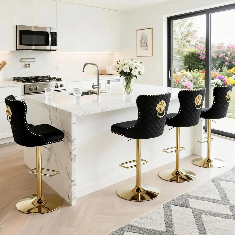 

Adjustable Swivel Velvet Bar Stools Set of 4 with Lion Pull Rings, Upholstered Counter Height Chairs for Kitchen Island or Dinin