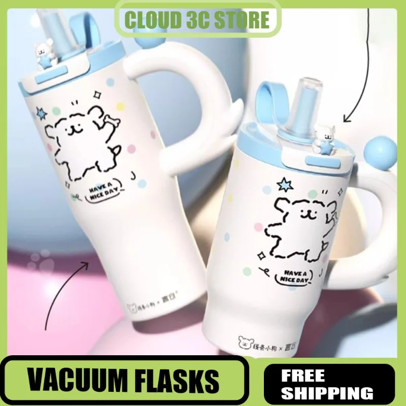 

900/1200ml Insulated Straw Cup Ceramic Liner Vacuum Flasks Keep Hot and Cold Large Capacity Thermos Bottle Leak-proof Water Cup