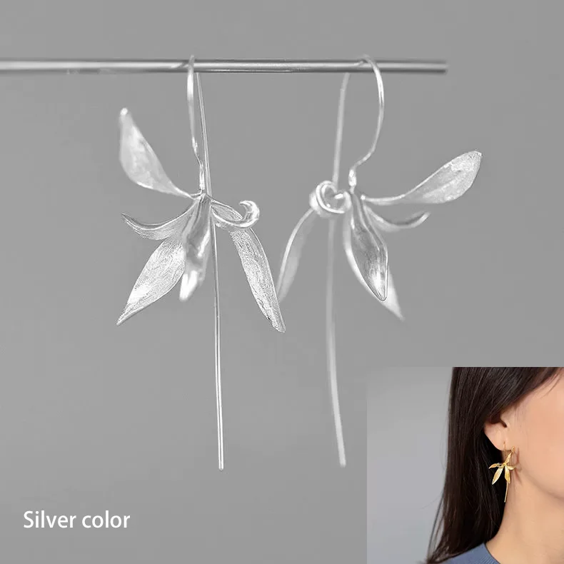 PANJBJ 925 Sterling Silver Golden Flower Earrings For Women Water Drop Frosting Zircon Design Vintage Jewelry Birthday Gift