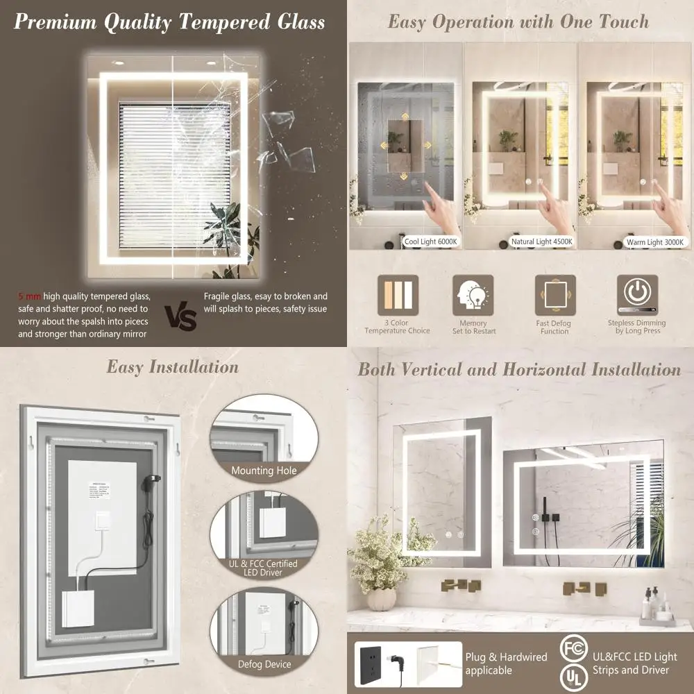 

Зеркало для ванной с LED-подсветкой 28x36 дюймов, с фронтальной и задней подсветкой, 3 цветовых температуры, с функцией антизапотевания, памятью настроек, из закаленного стекла