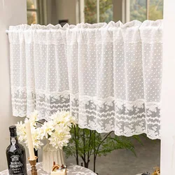 Korean Style Polka Dot Tulle Stitched Lace Short Valance Curtain for Kitchen Small Window Vintage Farmhouse Sheer Voile 