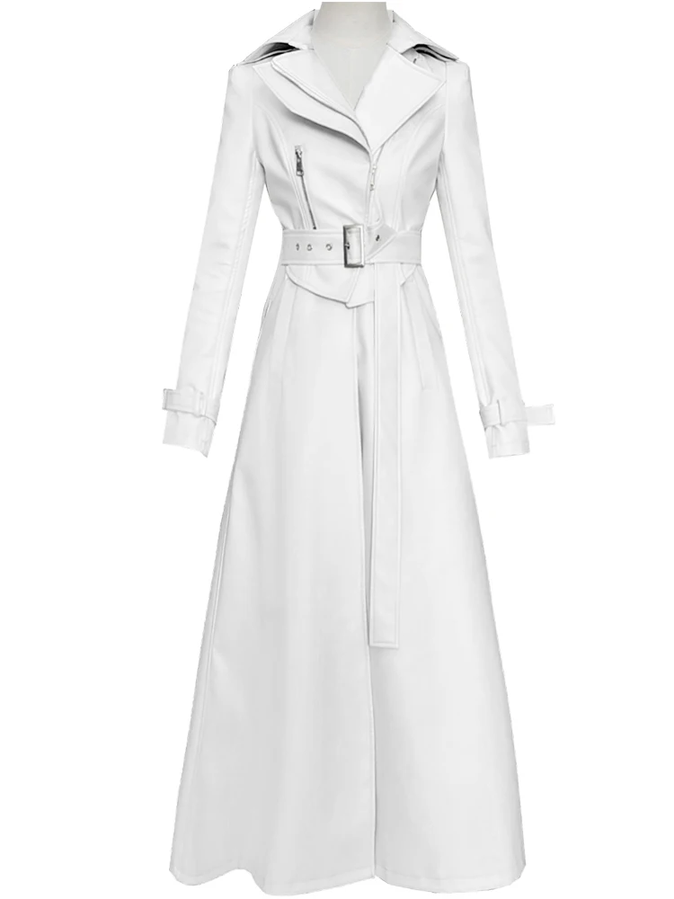 Mauroicardi Spring Autumn White Fitted Long Pu Leather Coat Women Zipper Belt Elegant Chic Luxury Designer Fake 2 Clothes 2024