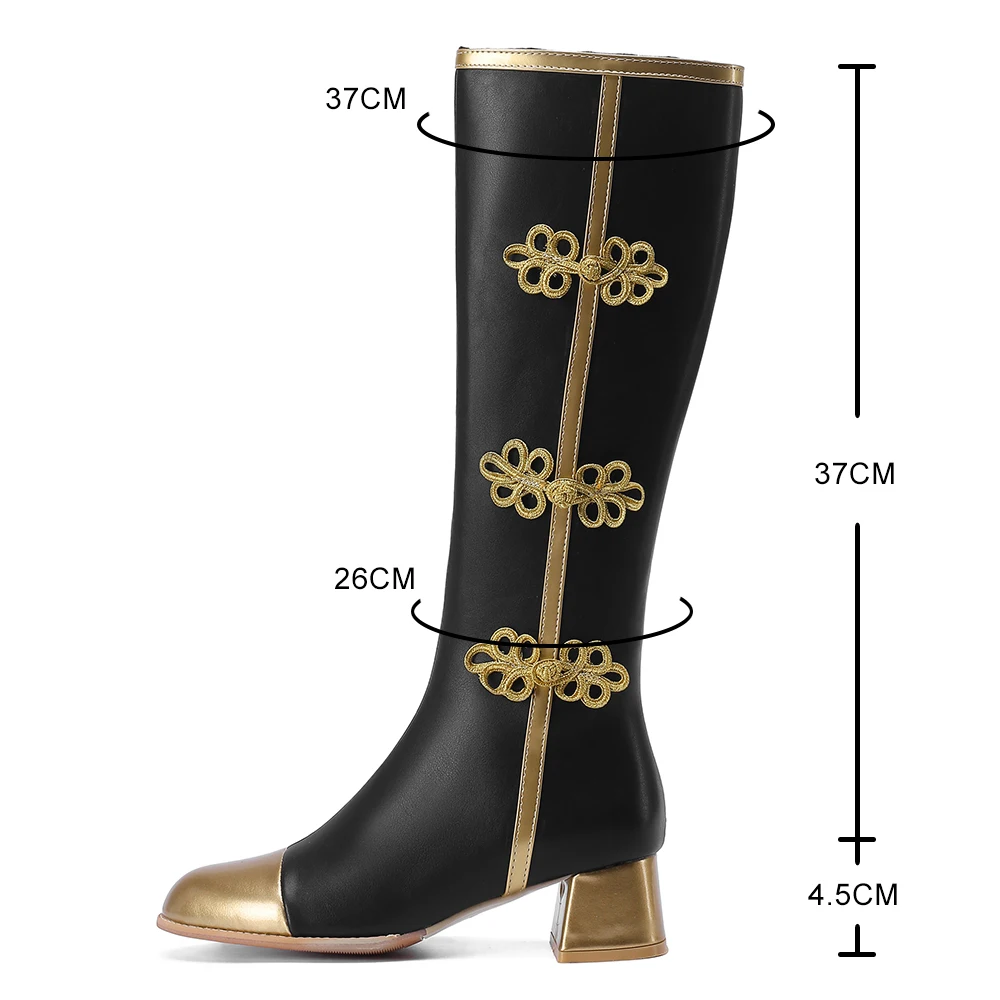 Big Size Fashion Knee High Boots Women Coss Play Shoes Autumn Winter Women\'s High Boots Black White Gold Chinese Knot Shoes