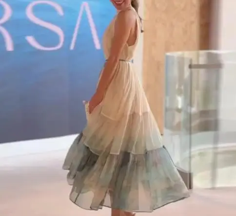 Verão feminino estilo francês em torno do pescoço sem mangas tie dye vestido diário usar mulher em camadas babados moda doce a linha vestidos