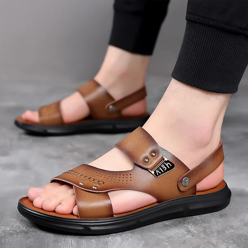 Men Summer New Sandals and Slippers Men's Leather Sandals Adult Thick-soled Beach Shoes Non-slip Open-toe Leather Sandals2024new