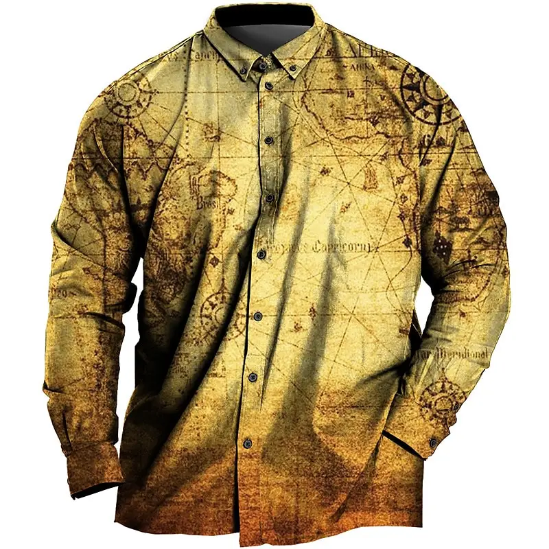 Men's Harajuku Vintage Shirt For Men 3d Map Printed Long Sleeve Shirt Lapel Button Clothing Casual Fashion Tops Oversized New